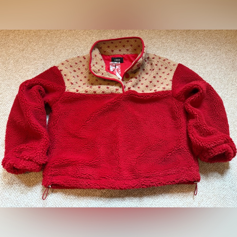 Cider Red & Cream Sherpa Fleece 3 button Pullover – XL NWT Cozy Holiday